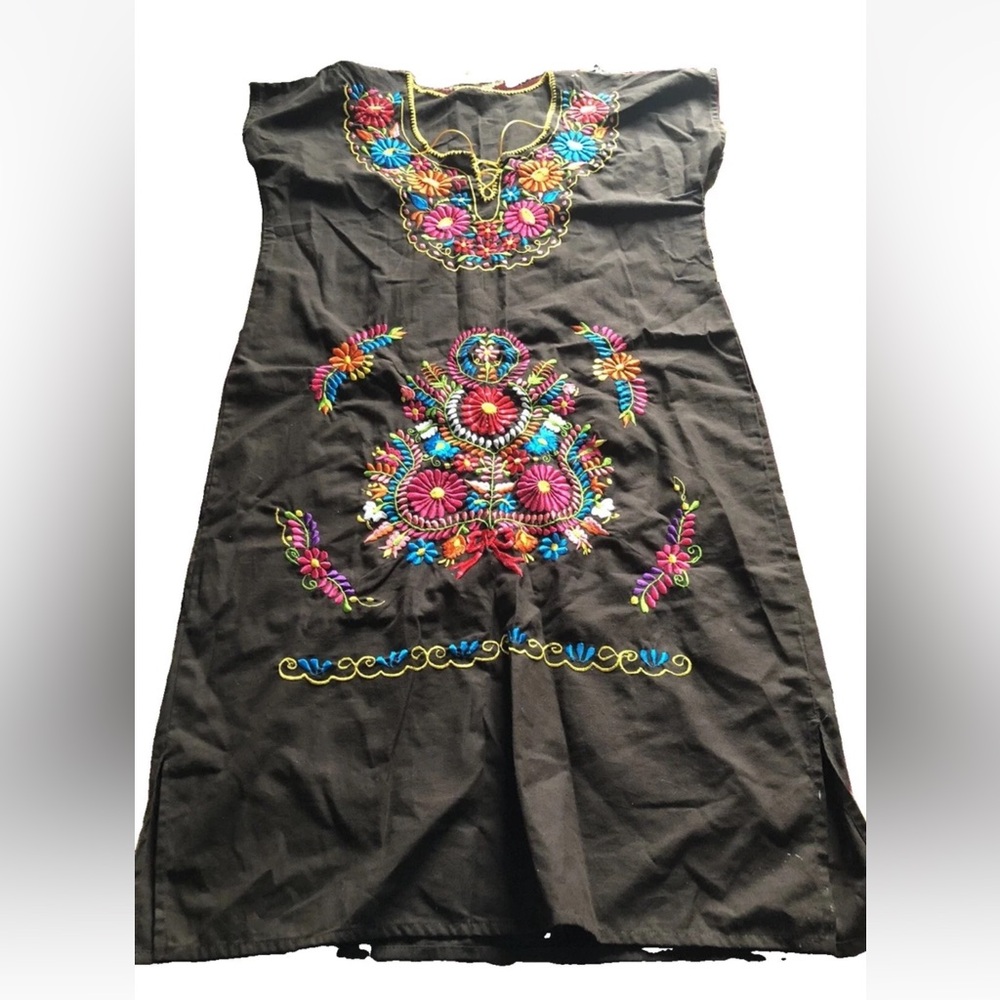 Vintage‎ Mexican Peasant Dress black Embroidery l